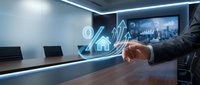 Professional businessman analyzing real estate market data with holographic interface displaying property statistics and growth charts in modern conference room.