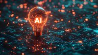 Glowing light bulb with AI text on circuit board background illuminated by orange sparks and bokeh lights creating futuristic technology concept.