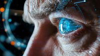 Close up view of eye with futuristic digital interface reflection showing advanced technology visualization, artificial intelligence and biometric scanning concept.