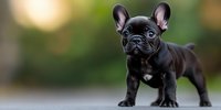 Black French Bulldog puppy standing on blurred natural background, white patch on chest, alert expression and perked ears, panoramic composition.