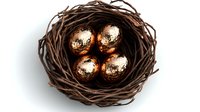 Golden metallic eggs nestled in dark brown woven nest against white background, symbolizing wealth, investment and financial security concept.