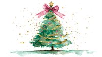 Festive watercolor pine tree decorated with pink bow and gold star on top, sprinkled with golden glitter against white background. Artistic holiday illustration.