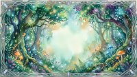 Enchanted forest clearing with magical glowing lights, lush green trees and mystical atmosphere perfect for fantasy storytelling and fairy tale designs.