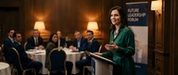 Professional businesswoman in green blazer presenting at corporate leadership conference with diverse audience in elegant venue.