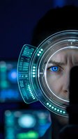 Close-up of person wearing futuristic helmet with glowing blue eye and digital interface display, representing advanced technology, artificial intelligence, and sci-fi innovation for design projects.