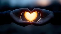 Silhouetted hands forming heart shape against dark background with glowing warm light creating romantic heart symbol, suitable for greeting cards and valentines designs.