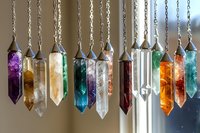 Colorful crystal pendants hanging in row on chains against neutral background, featuring amethyst, citrine, quartz and other healing stones for spiritual decor.