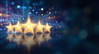 Five golden stars with glowing light effects and bokeh background for customer review rating feedback and quality assessment concepts.