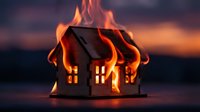 Wooden house model engulfed in flames against dramatic sunset sky. Fire insurance concept for property protection and disaster coverage campaigns.