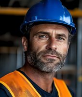 Mature construction worker wearing blue hard hat and orange safety vest looks confidently at camera. Close up portrait showing experience and professionalism.