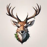 Majestic deer head portrait with detailed antlers and expressive eyes, adorned with subtle green foliage. Artistic wildlife illustration for nature-themed designs.