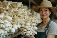 Asian female farmer holding fresh organic oyster mushrooms in greenhouse, wearing straw hat and overalls, smiling while harvesting cultivated fungi crop.