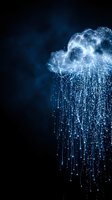 Digital cloud computing concept with glowing particles and data streams on dark blue background for technology presentations and web design.