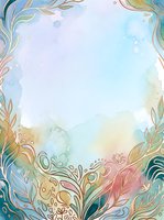 Watercolor botanical frame with pastel gradient background, ornamental leaf borders in gold and teal, isolated on white space for greeting cards, invitations, and design projects.