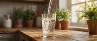 Water pouring into glass on wooden table with potted plants and window light, refreshment and hydration concept for wellness and lifestyle design.