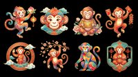 Cute monkey characters in various playful poses, isolated on transparent background. Ready for t-shirt designs, stickers, clipart, print-on-demand products, and sublimation projects. Eight cheerful orange primates with colorful decorative elements.