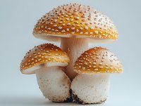 Three orange spotted mushrooms with white stems growing together on neutral background for nature and botanical design projects.
