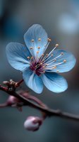 Delicate blue cherry blossom flower with orange stamens on branch against soft blurred background for spring nature designs and botanical projects.