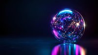 Glowing crystal ball with cosmic galaxy pattern inside reflects vibrant neon purple and blue lights on dark surface, creating mystical atmosphere.