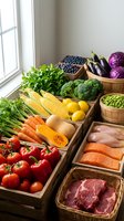 Fresh organic produce and protein selection in wooden crates by kitchen window featuring colorful vegetables, fruits, fish and meat for healthy meal planning.