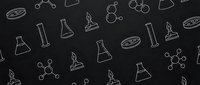 Seamless pattern with white chemistry laboratory equipment icons on black background. Science education design for textiles, wallpaper and educational materials.