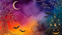 Halloween night scene with spooky haunted house, flying bats, crescent moon and bare tree silhouettes against colorful sunset sky for seasonal decorations.