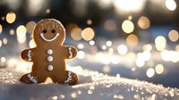 Smiling gingerbread man cookie on sparkling snow with festive bokeh lights in background, creating magical holiday atmosphere and winter wonderland setting.