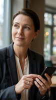 Professional middle-aged Caucasian businesswoman in dark suit jacket holding smartphone, looking up thoughtfully in modern office cafe setting.