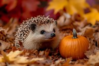 Adorable hedgehog next to small orange pumpkin surrounded by fallen autumn maple leaves creating cozy seasonal atmosphere for fall and Halloween designs.
