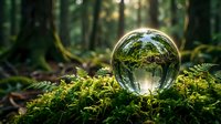 Crystal ball on moss in enchanted forest with sunlight filtering through trees creating magical atmosphere for meditation and nature connection.