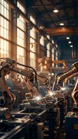 Industrial robotic arms welding in modern factory with sparks flying and warm lighting creating dramatic manufacturing atmosphere for automation concepts.