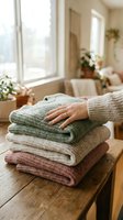Woman's hand touching stack of cozy knitted sweaters in earth tones on wooden table in bright sunlit room with plants for seasonal wardrobe organization.