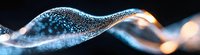 Flowing abstract wave with glowing blue particles and orange light effects against dark background creates dynamic motion and energy visualization.