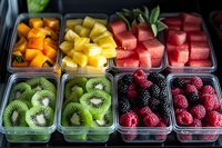 Assorted fresh fruit cut into cubes and arranged in clear plastic containers, including mango, pineapple, watermelon, kiwi, blackberry and raspberry for catering, food service or healthy eating.