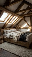 Rustic attic bedroom with exposed wooden beams, skylight windows, and wooden bed frame with neutral bedding. Suitable for interior design, home decor, and real estate.