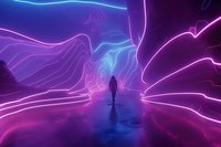 Silhouette walking through futuristic neon tunnel with glowing pink and blue light trails creating dynamic perspective. Abstract cyberpunk corridor with reflective floor.