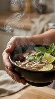 Person holding steaming bowl of Asian noodle soup with fresh herbs and lime slices, ready for culinary and food styling projects.