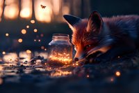 Curious red fox observing glowing fireflies captured in glass jar during magical sunset, with bokeh lights and warm atmospheric forest background.