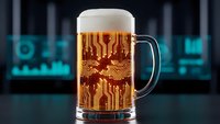 Beer mug with electronic circuit board pattern in golden amber liquid, tech-themed beverage concept for digital innovation and technology marketing.