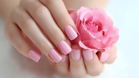 Female hand with pink manicure holding delicate pink rose, showcasing elegant nail art and natural beauty for spa, salon, or cosmetic advertising.