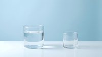 Two clear glasses with water on white surface against soft blue background, suitable for health, hydration, wellness and beverage concepts.