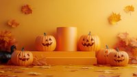 Orange podium display with carved pumpkin lanterns and falling autumn maple leaves on warm background, Halloween seasonal decoration for product placement.