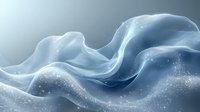 Ethereal flowing waves of translucent blue fabric or smoke with sparkling particles creating dreamy abstract background for luxury product presentation.