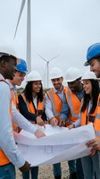 Diverse team of renewable energy engineers reviewing blueprints at wind farm construction site wearing safety gear and hard hats for sustainable project.