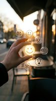 Hand selecting glowing smiley face emoji among various emotion icons for customer satisfaction feedback and service rating evaluation.