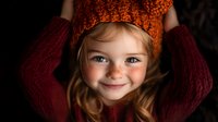 Young girl with freckles wearing orange knit beanie and burgundy sweater smiling at camera against dark background, natural lighting creates warm mood.