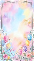 Watercolor birthday party frame with colorful balloons, roses and confetti on pastel background for celebration invitations and greeting cards.