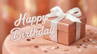 Rose gold glitter gift box with white ribbon and Happy Birthday text, confetti on velvet surface, warm bokeh background for greeting cards.