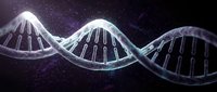 DNA double helix structure with glowing effects on cosmic purple background for science, genetics, biotechnology and medical research concepts.