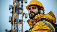 Bearded telecommunications engineer in yellow safety gear and hard hat inspecting cell tower site. Close up portrait of maintenance worker with protective headphones.